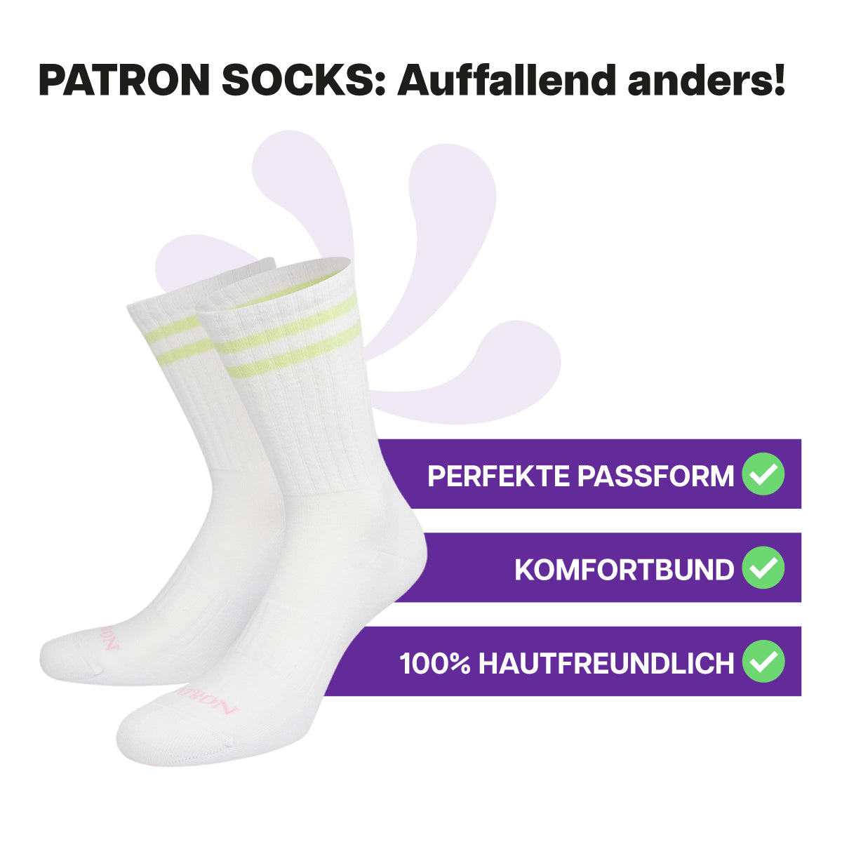 Anschmiegsame, weiße Sportsocken mit grünen Streifen und Komfortbund von PATRON SOCKS