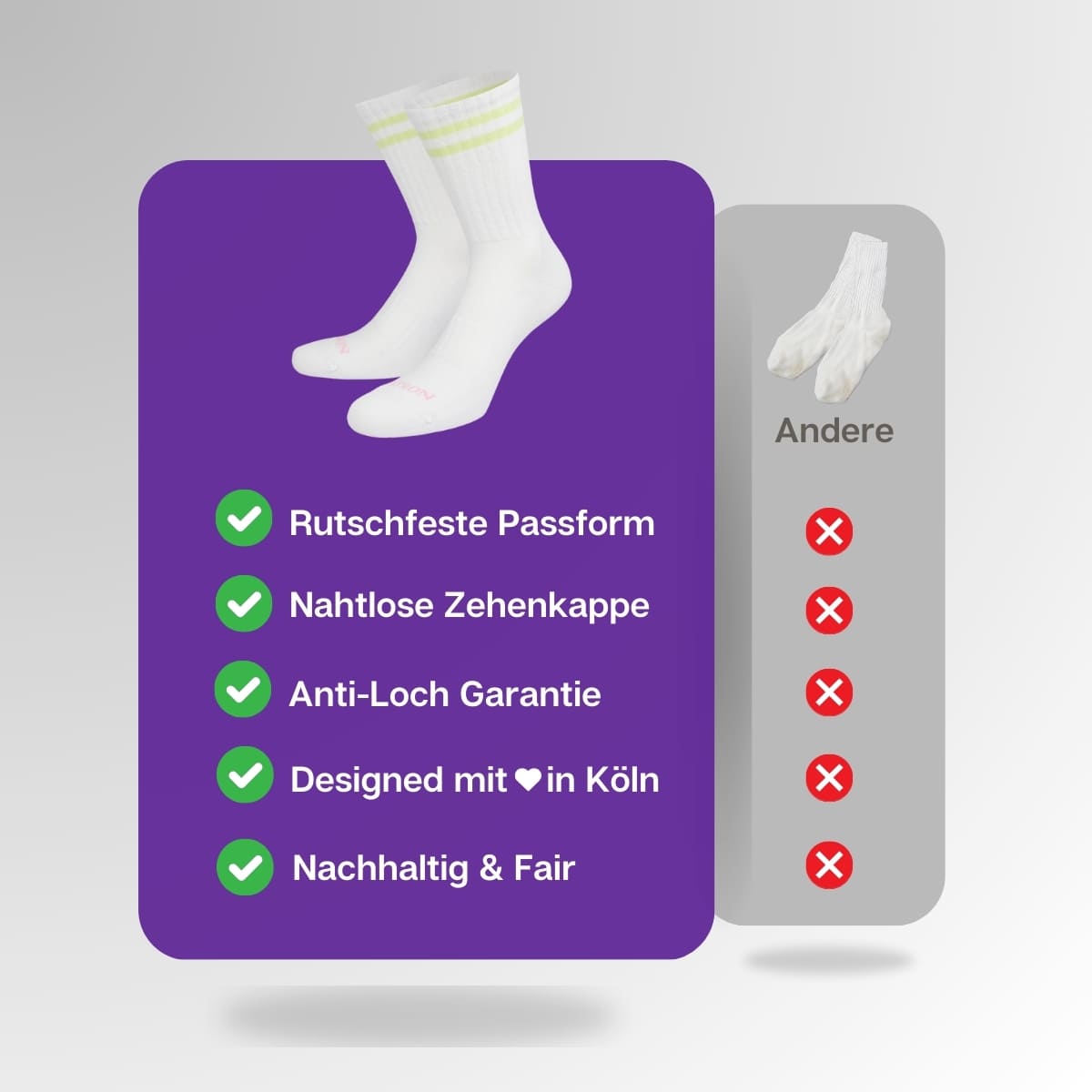 Vergleich der weißen, grün gestreiften Socken von PATRON SOCKS mit Sportsocken anderer Marken