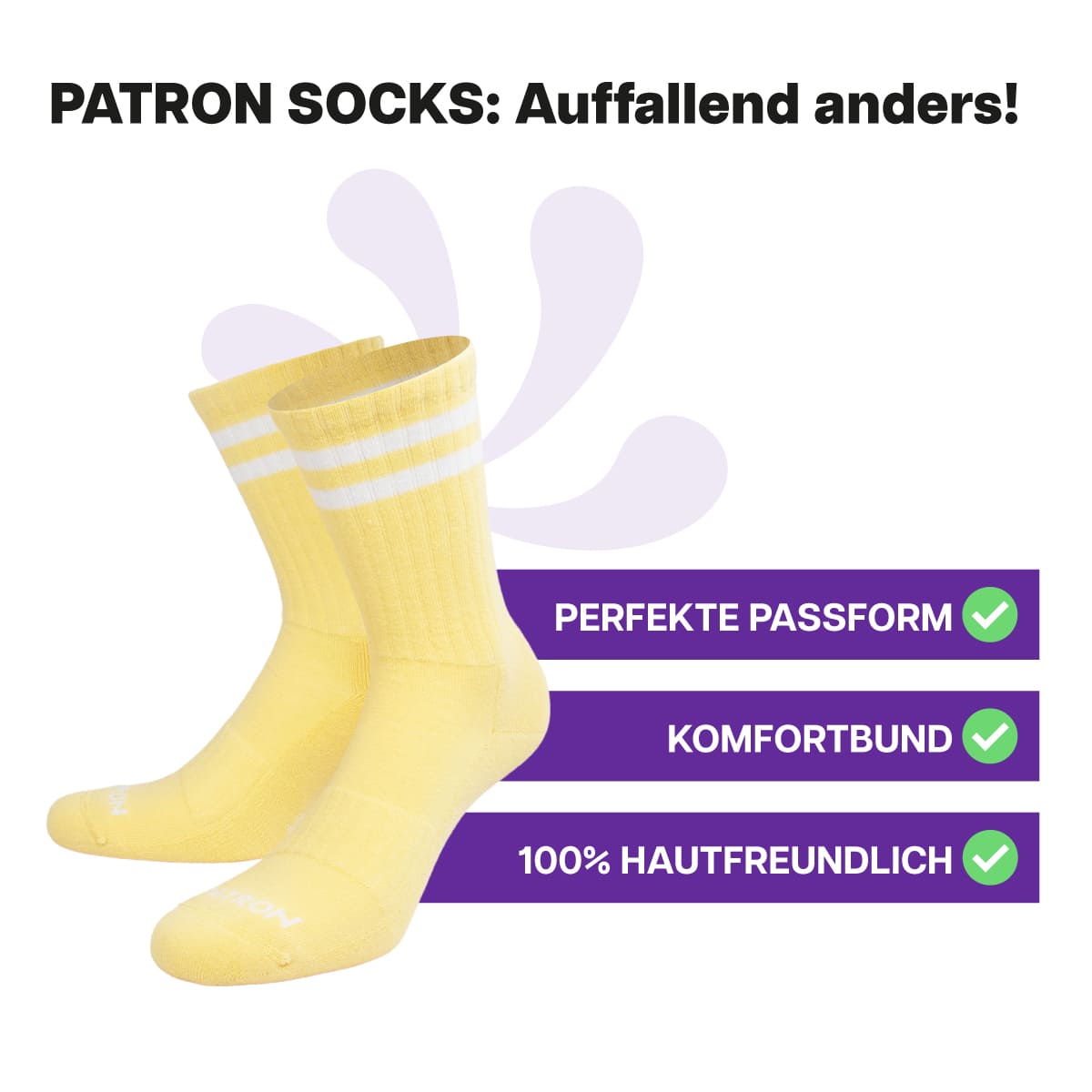 Hautfreundliche, gelbe Sportsocken mit weißen Streifen und Komfortbund von PATRON SOCKS