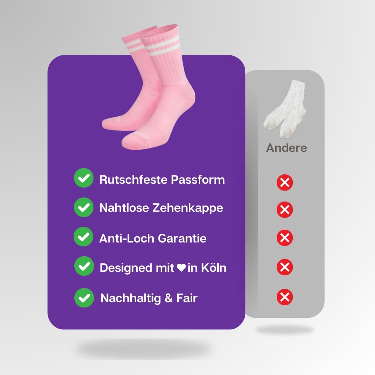 Vergleich der rosa, weiß gestreiften Socken von PATRON SOCKS mit Sportsocken anderer Marken