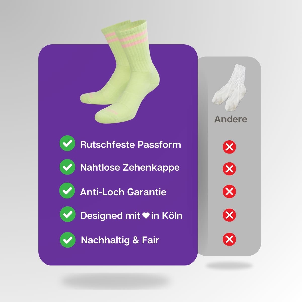 Vergleich der grünen, rosa gestreiften Socken von PATRON SOCKS mit Sportsocken anderer Marken