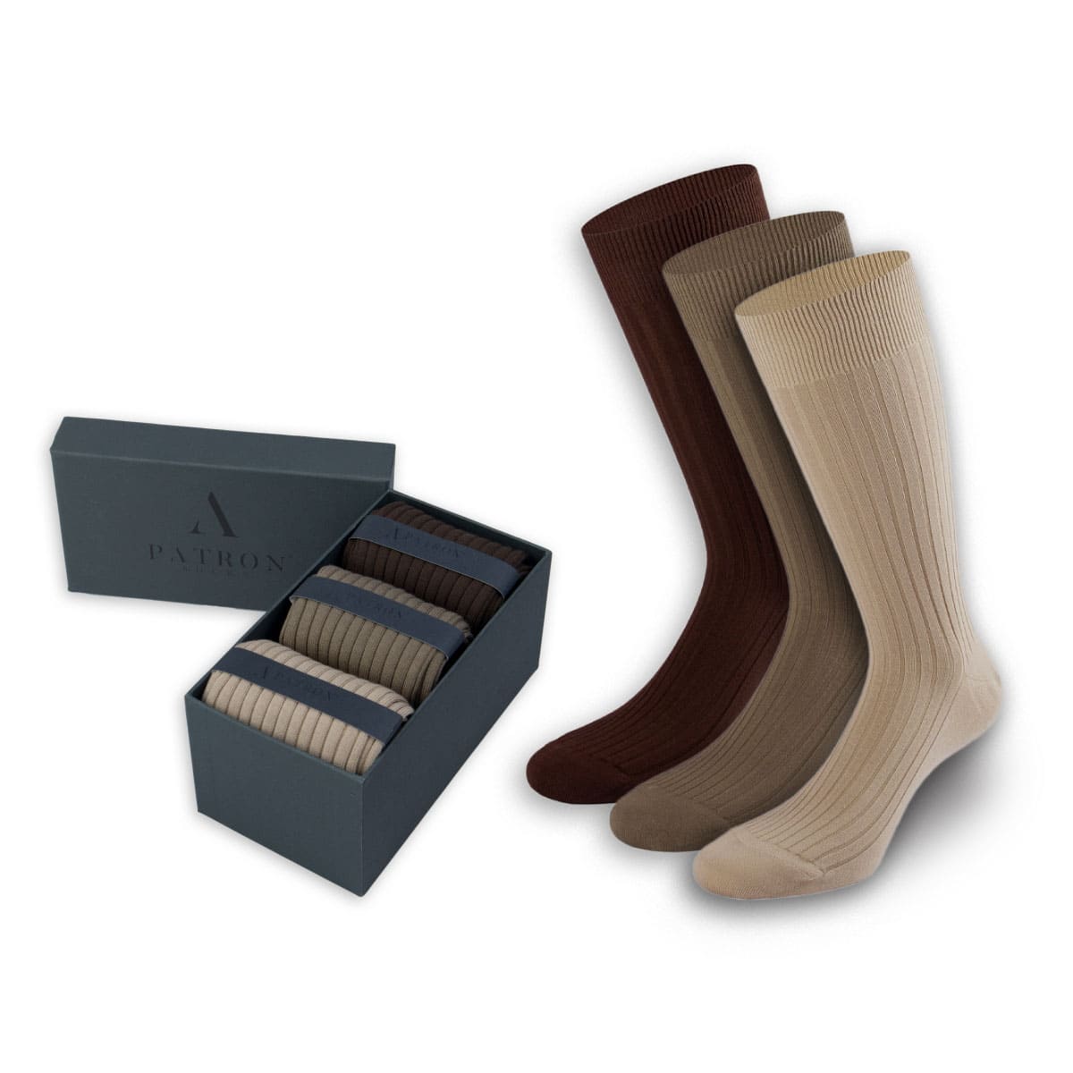 Ansprechende Business-Socken in Braun, Mittelbraun, Beige in der Geschenkbox von PATRON SOCKS