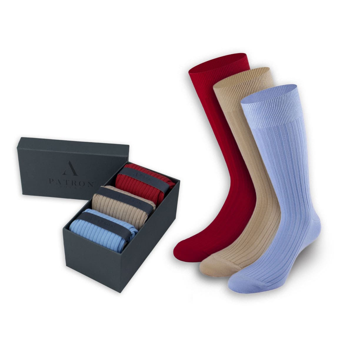 Charmante Business-Socken in Bordeaux Rot, Beige und Hellblau in der Geschenkbox von PATRON SOCKS