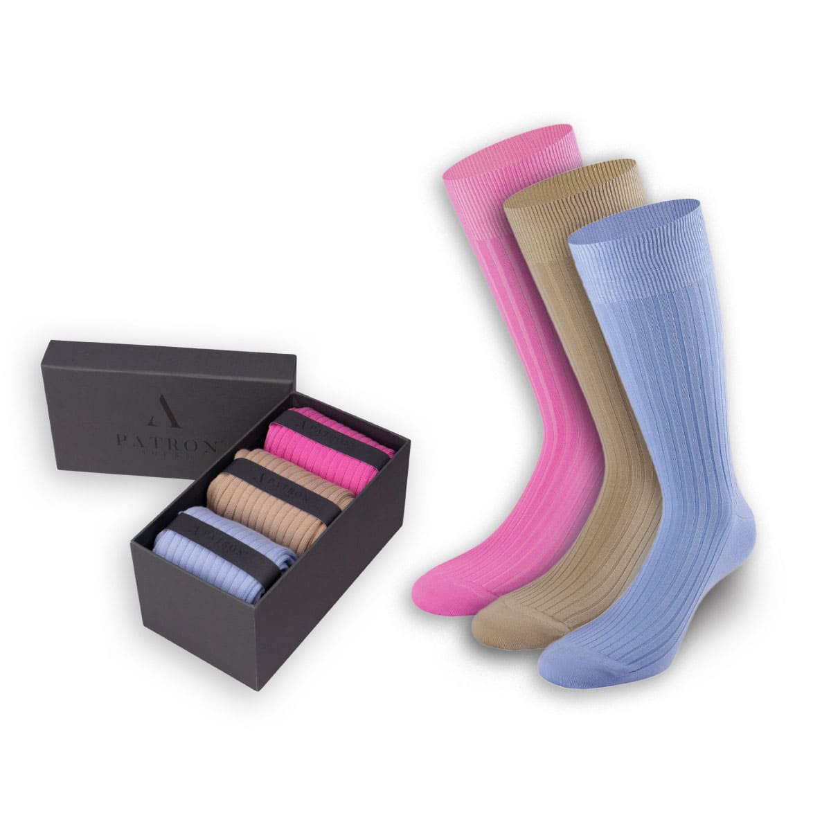 Stilvolle Business-Socken in Pink, Beige und Hellblau in der Geschenkbox von PATRON SOCKS