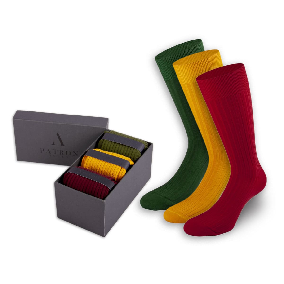 Lebhafte Business-Socken in Grün, Gelb und Bordeaux Rot in der Geschenkbox von PATRON SOCKS