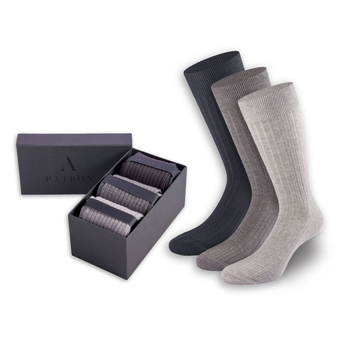 Klassische Business-Socken in Dunkelgrau , Mittelgrau und Hellgrau in der Geschenkbox von PATRON SOCKS