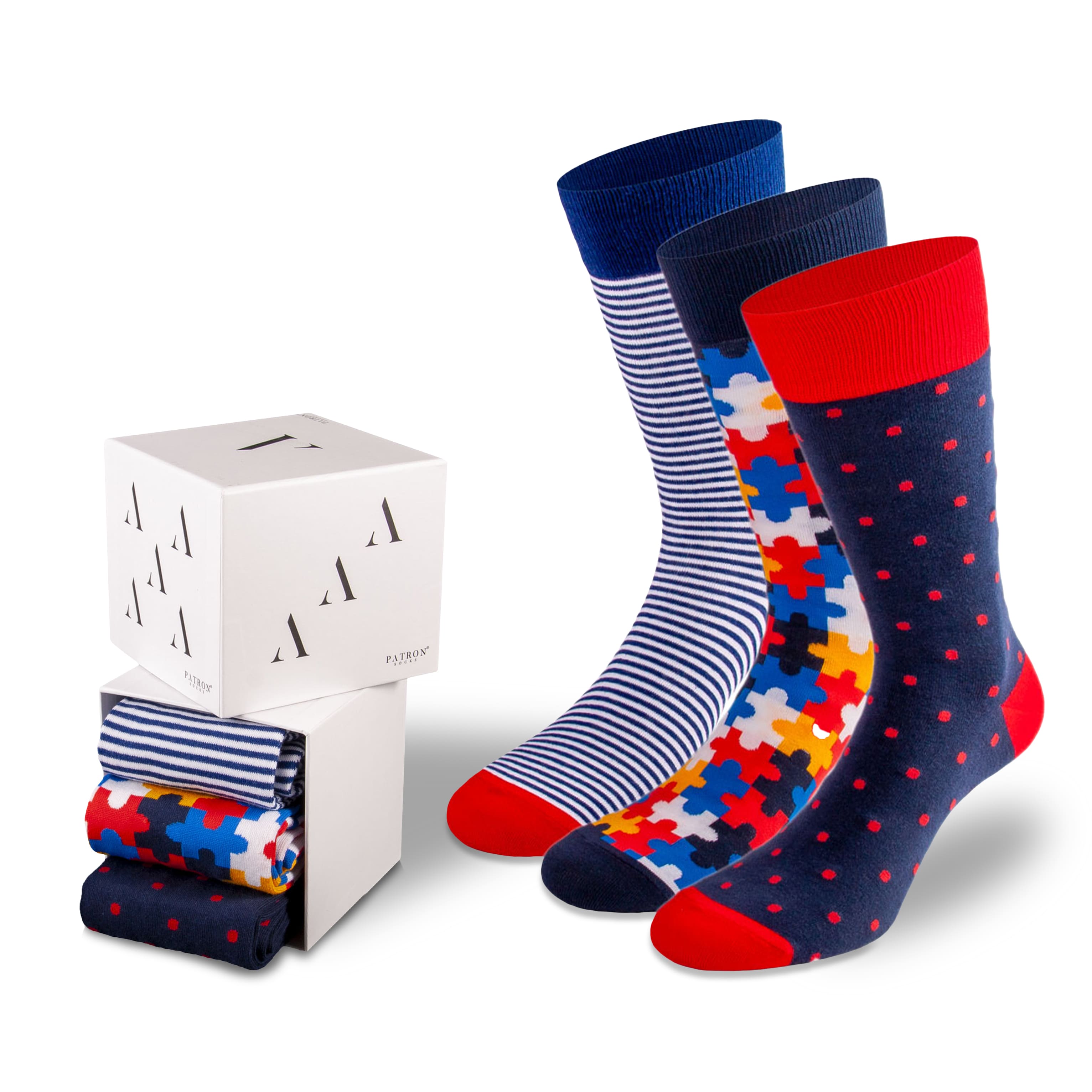 3 Paar bunte Socken mit Muster in der Geschenkbox von PATRON SOCKS