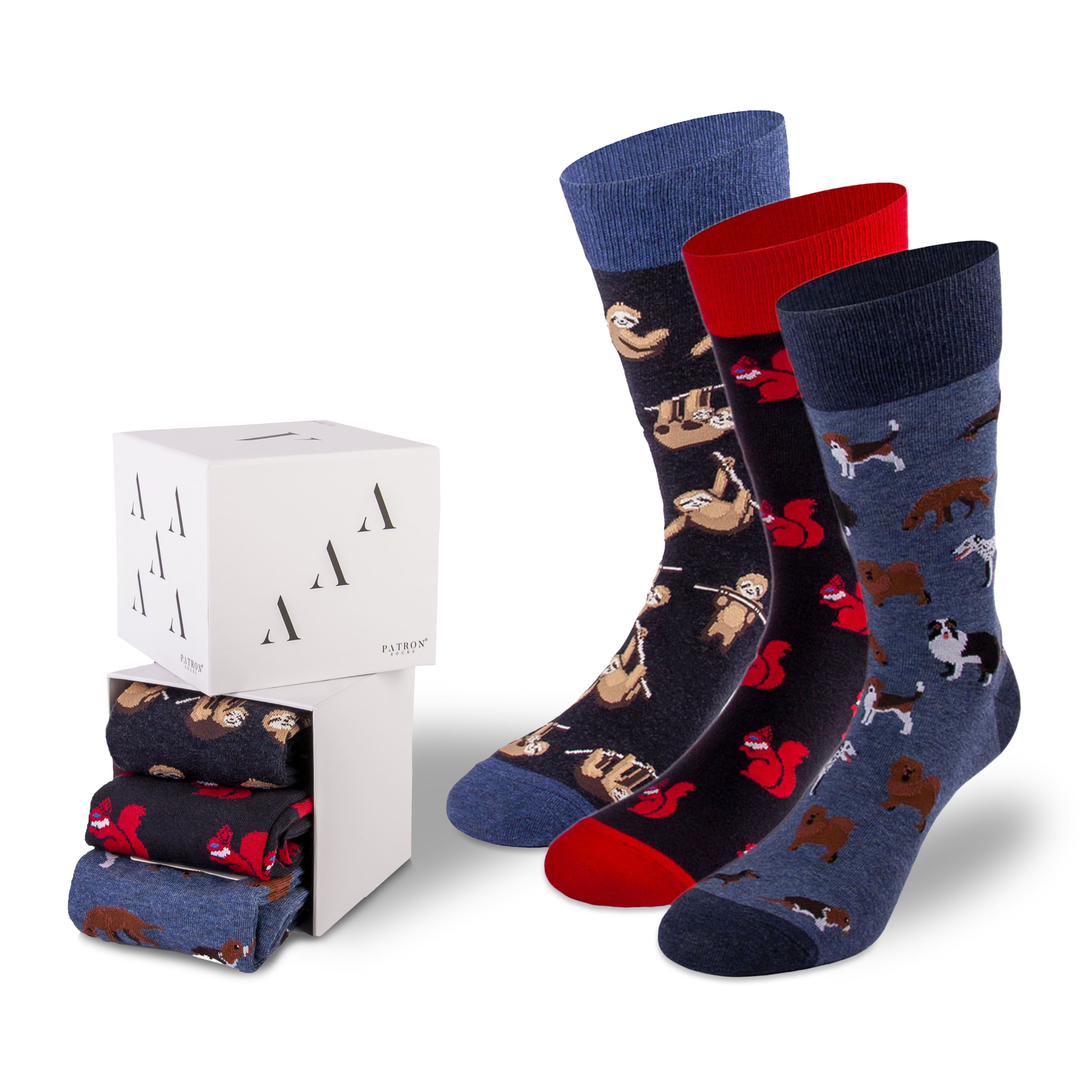3 Paar bunte Tiersocken in der Geschenkbox von PATRON SOCKS