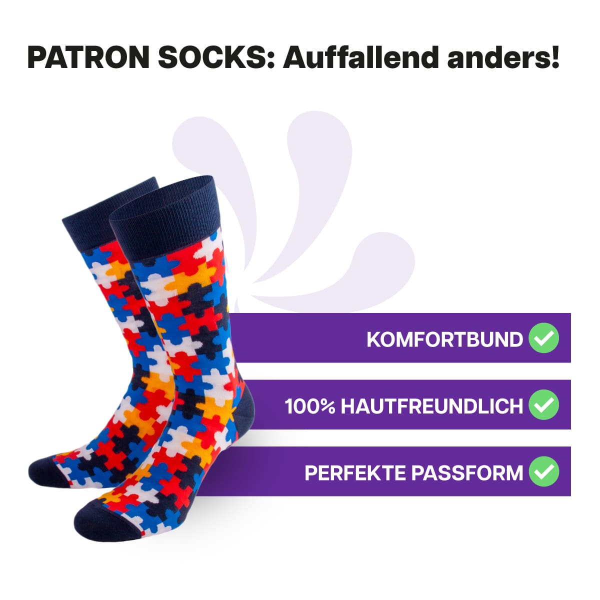 Hautfreundliche, blaue Puzzle Socken von PATRON SOCKS mit Komfortbund. Sehr gute Passform!
