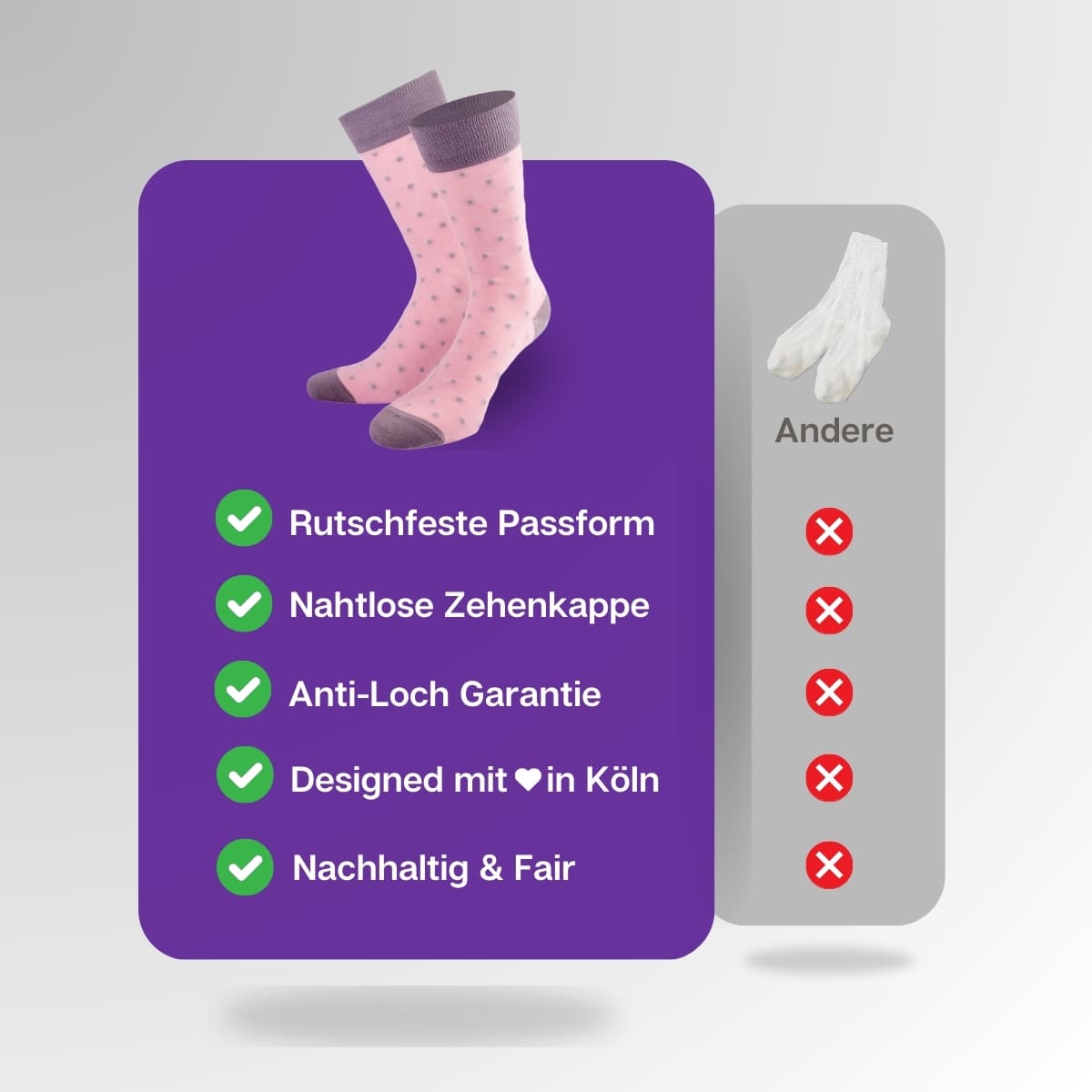 Vergleich der pink grauen Pünktchen Socken von PATRON SOCKS mit Socken anderer Marken
