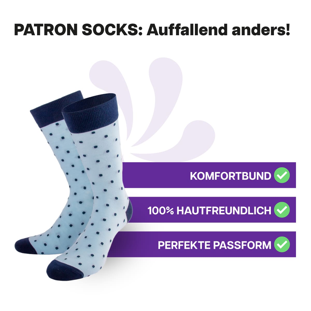 Hautfreundliche, blaue Punkte Socken von PATRON SOCKS mit Komfortbund. Sehr gute Passform!
