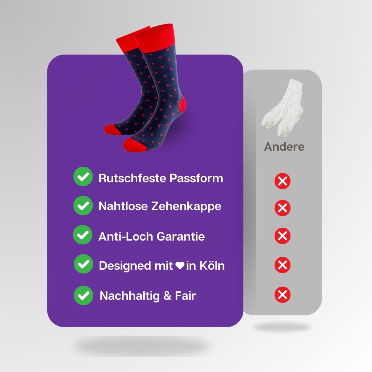 Vergleich der rot blauen Pünktchen Socken von PATRON SOCKS mit Socken anderer Marken
