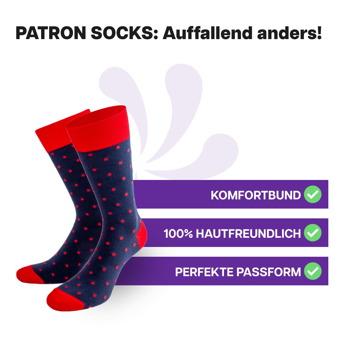 Hautfreundliche, blau rote Punkte Socken von PATRON SOCKS mit Komfortbund. Sehr gute Passform!

