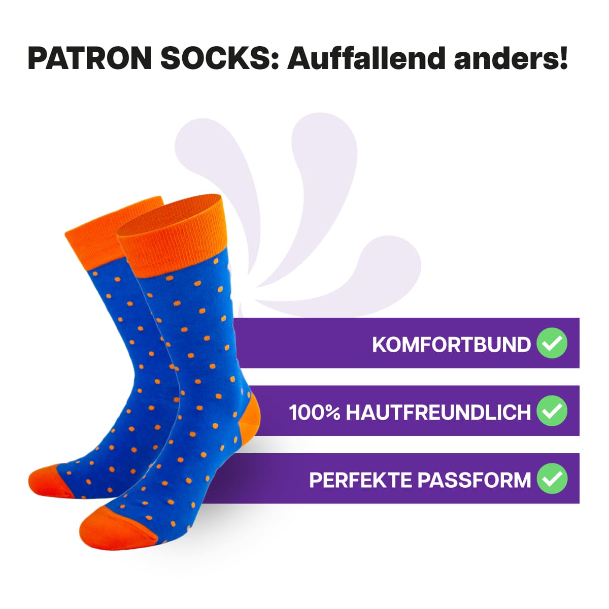 Hautfreundliche, blau orangene Punkte Socken von PATRON SOCKS mit Komfortbund. Sehr gute Passform!