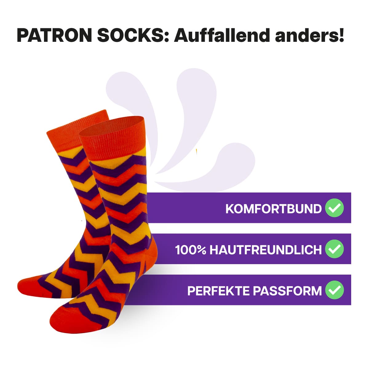Hautfreundliche, orange Zickzack Socken von PATRON SOCKS mit Komfortbund. Sehr gute Passform!