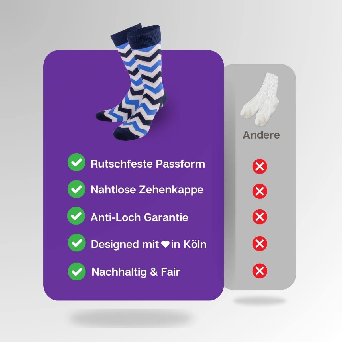 Vergleich der blauen ZickZack Socken von PATRON SOCKS mit Socken anderer Marken
