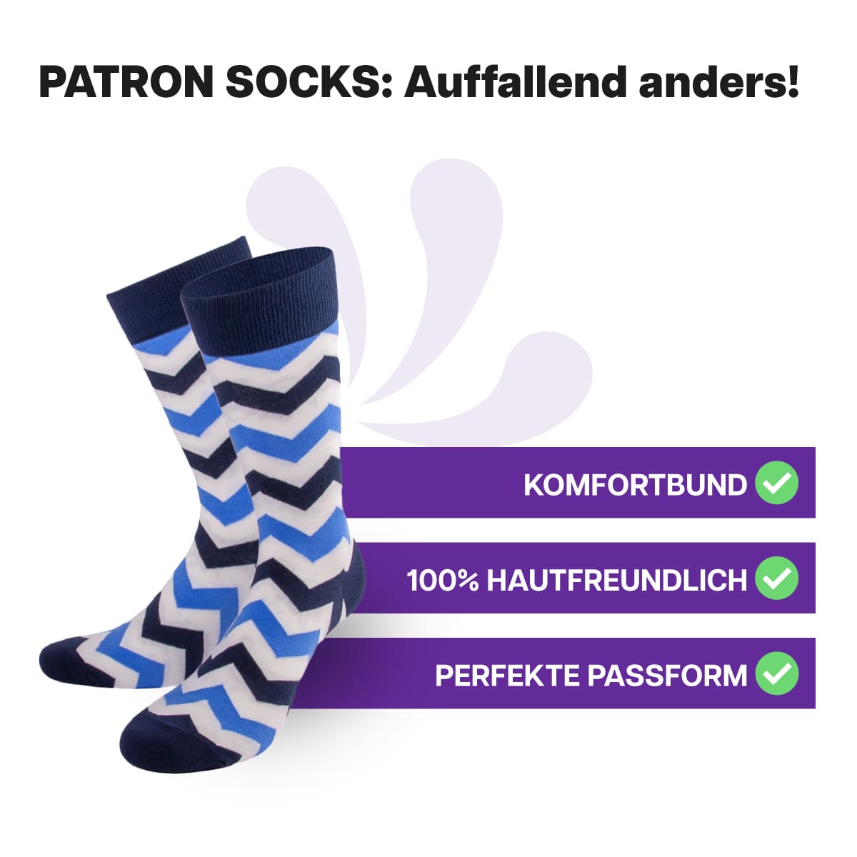 Hautfreundliche, blaue Zickzack Socken von PATRON SOCKS mit Komfortbund. Sehr gute Passform!
