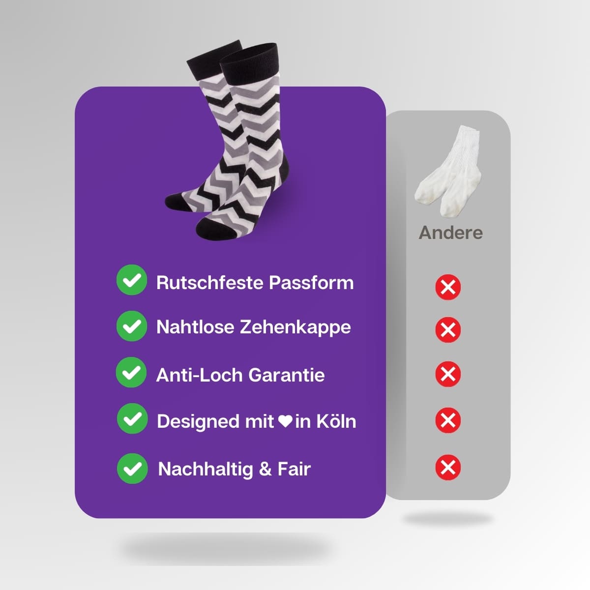 Vergleich der schwarz grauen ZickZack Socken von PATRON SOCKS mit Socken anderer Marken
