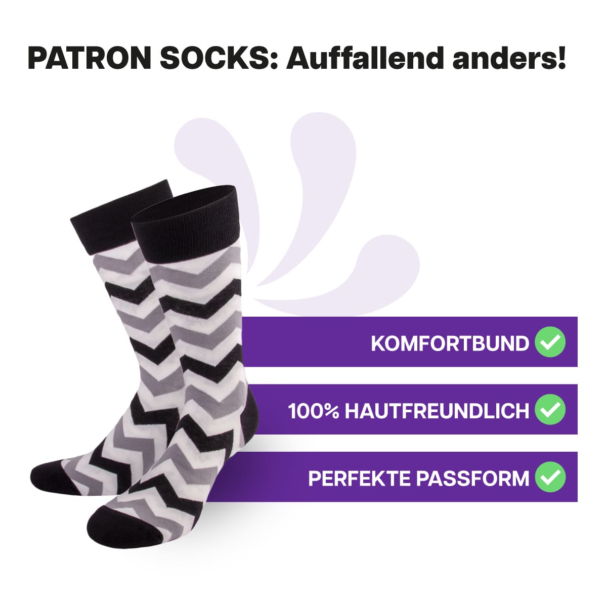 Hautfreundliche, schwarze Zickzack Socken von PATRON SOCKS mit Komfortbund. Sehr gute Passform!
