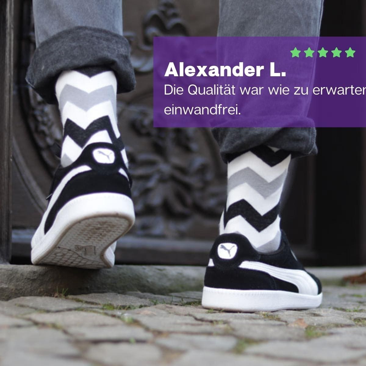 Zickzack Socken von PATRON SOCKS mit schwarz weißen Schuhen
