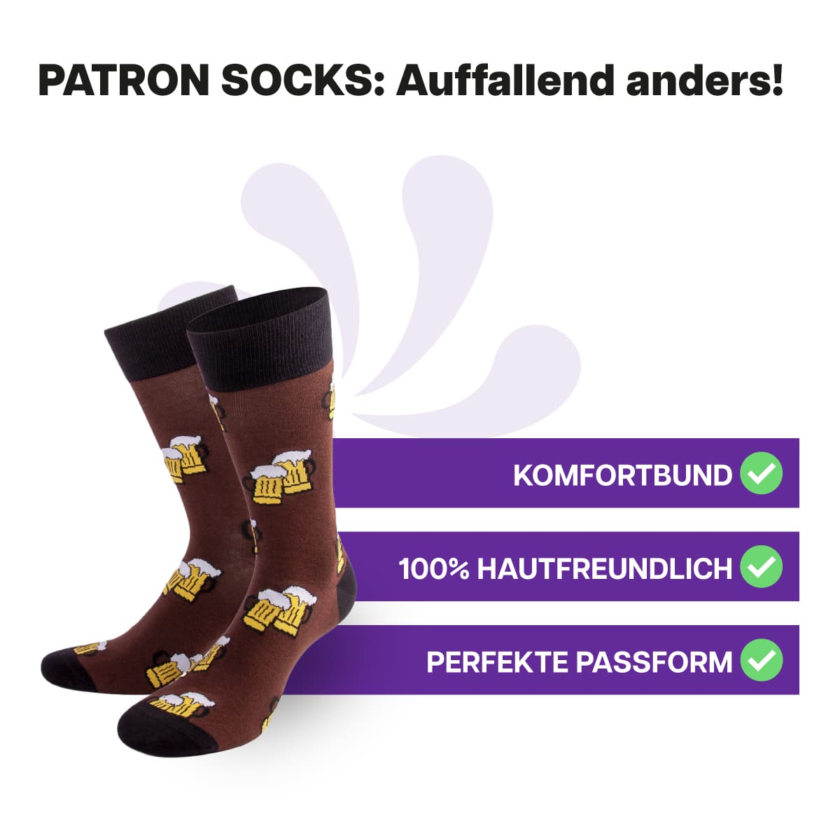 Hautfreundliche, braune Bier Socken von PATRON SOCKS mit Komfortbund. Sehr gute Passform!
