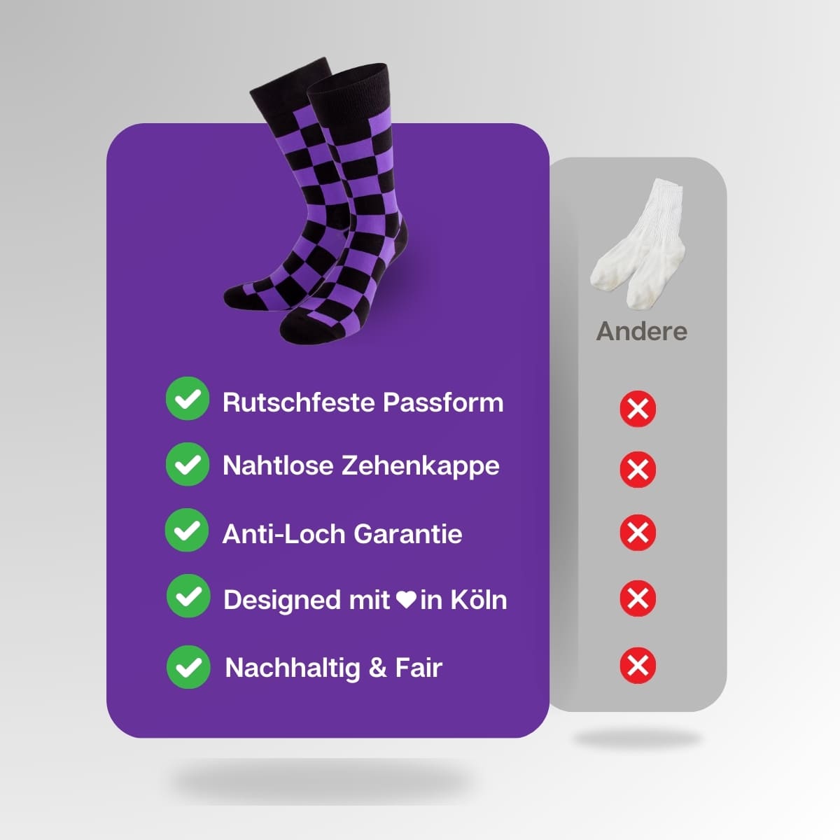 Vergleich der schwarz lila Schachbrett Socken von PATRON SOCKS mit Socken anderer Marken
