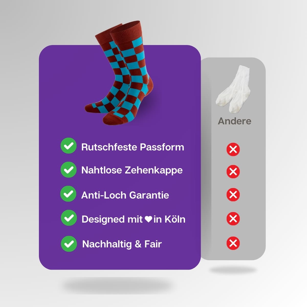 Vergleich der türkis braunen Schachbrett Socken von PATRON SOCKS mit Socken anderer Marken
