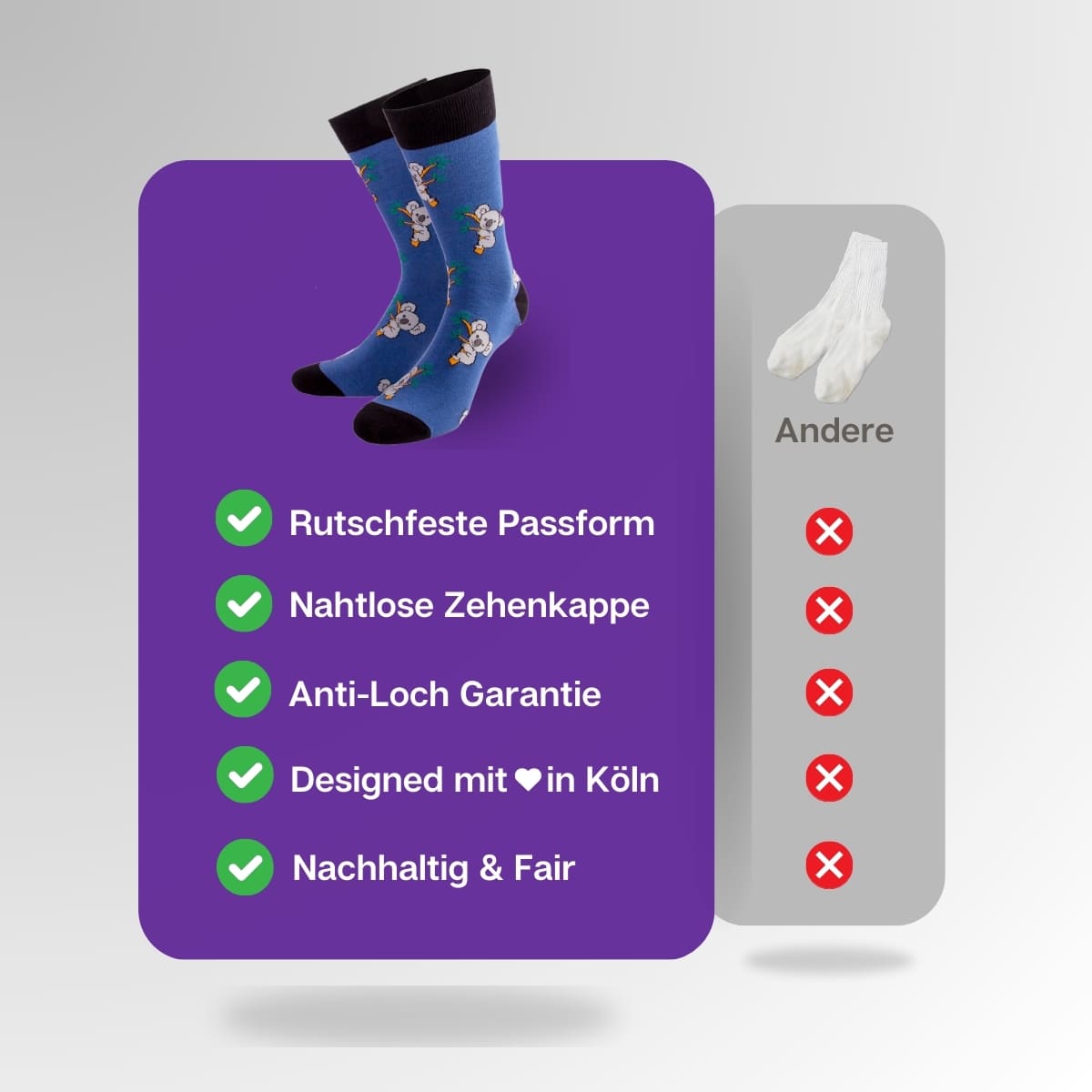 Vergleich der blauen Koala Socken von PATRON SOCKS mit Socken anderer Marken
