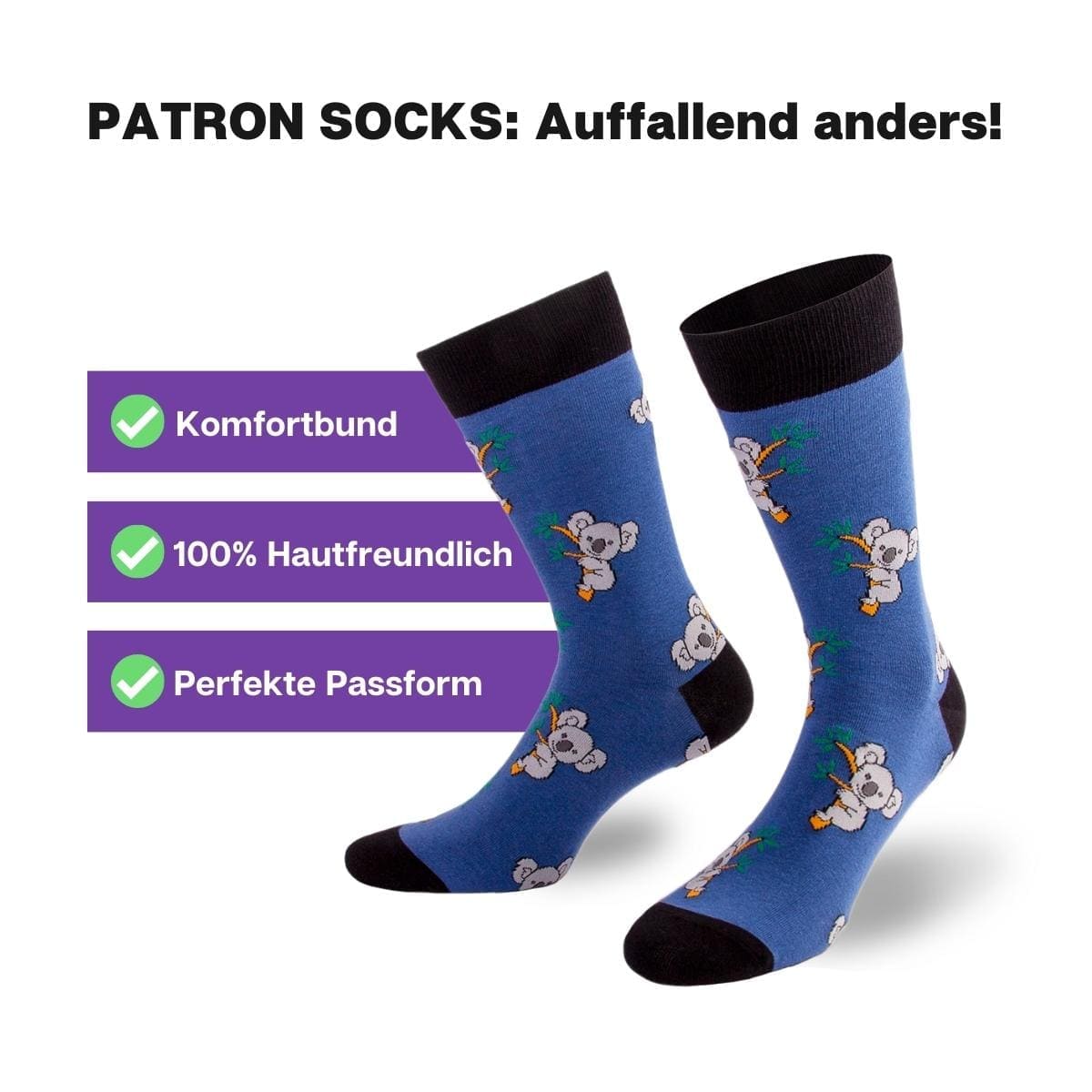 Hautfreundliche, blaue Koala Socken von PATRON SOCKS mit Komfortbund. Sehr gute Passform!
