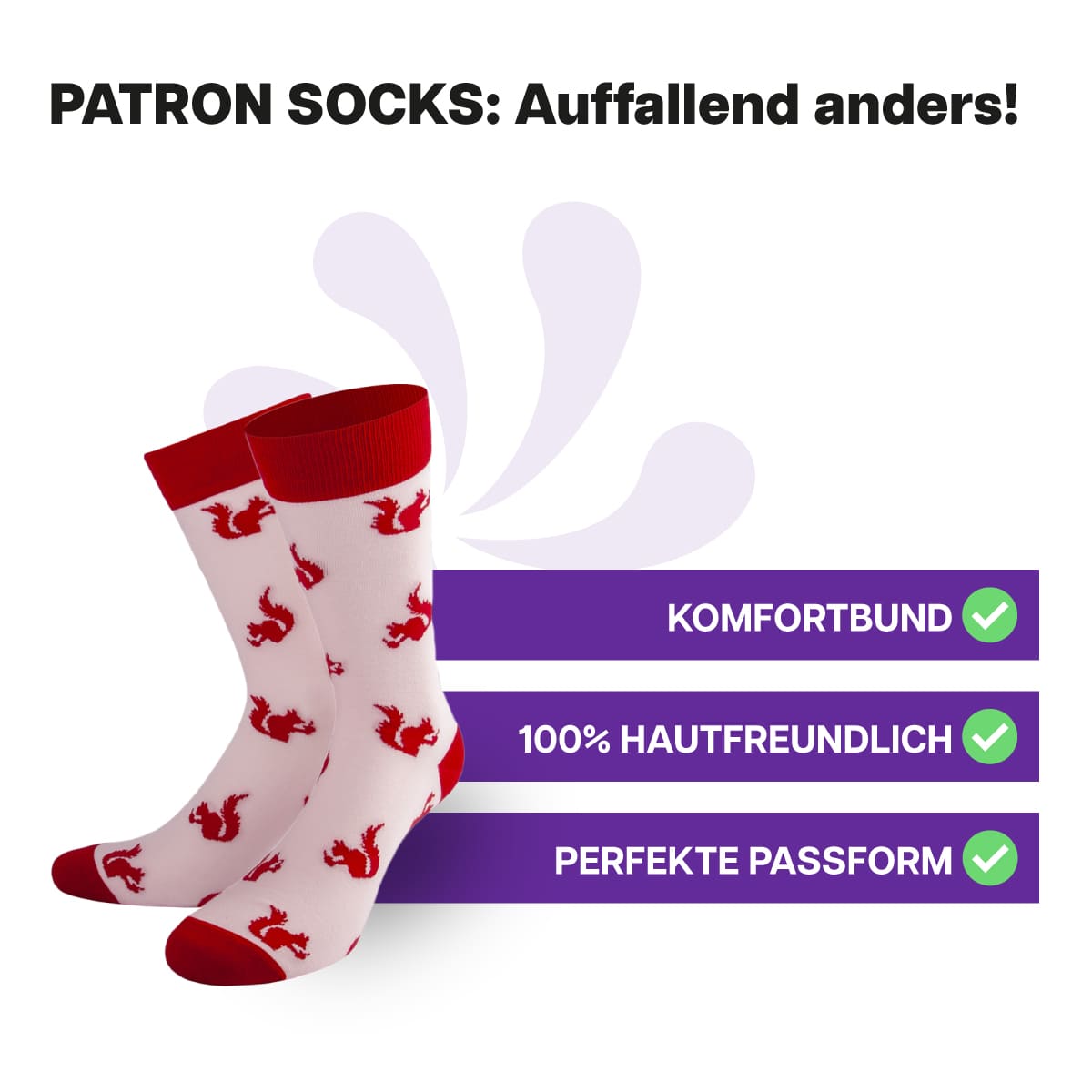 Hautfreundliche, rote Eichhörnchen Socken von PATRON SOCKS mit Komfortbund. Sehr gute Passform!
