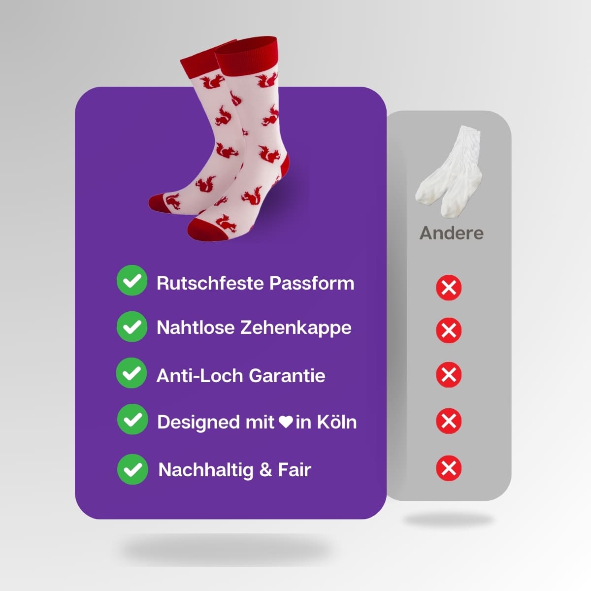 Vergleich der rosa roten Eichhörnchen Socken von PATRON SOCKS mit Socken anderer Marken
