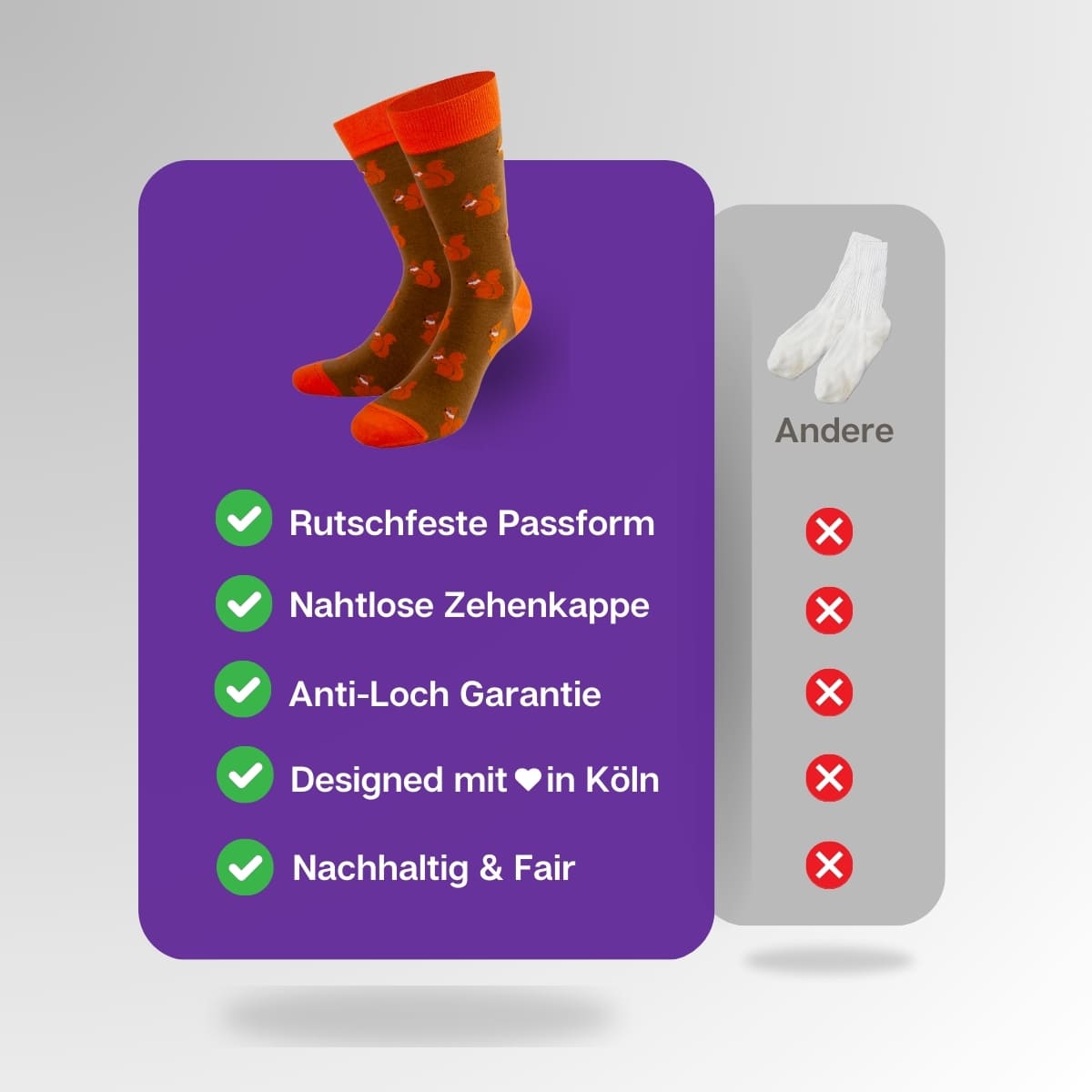 Vergleich der khaki orangen Eichhörnchen Socken von PATRON SOCKS mit Socken anderer Marken
