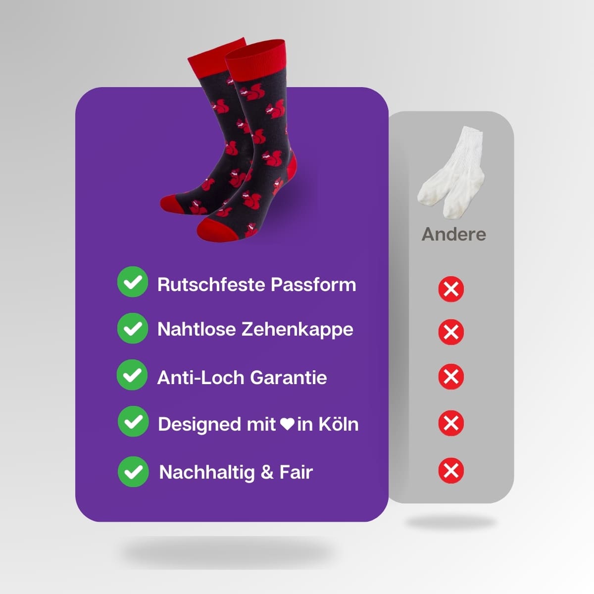 Vergleich der rot schwarzen Eichhörnchen Socken von PATRON SOCKS mit Socken anderer Marken
