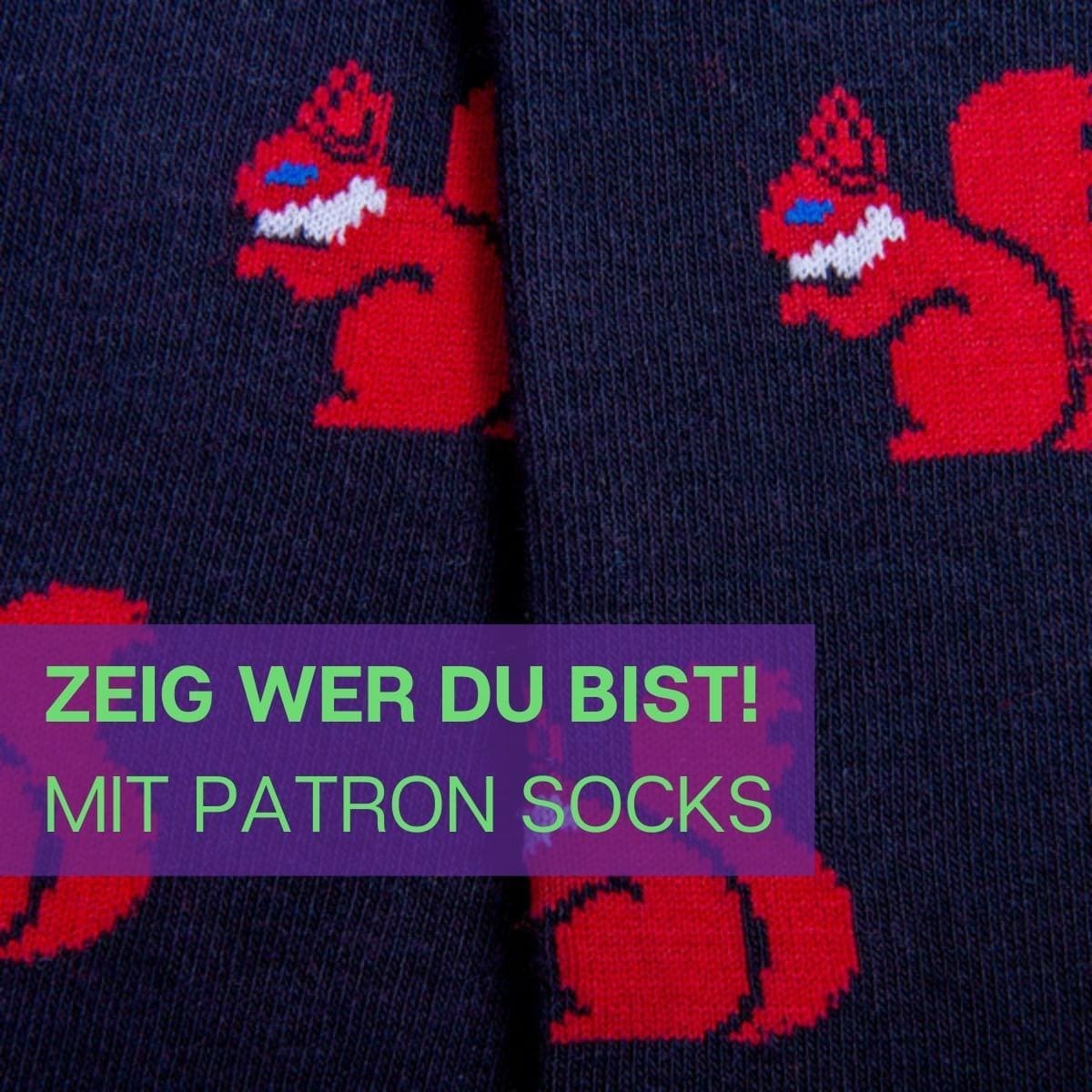 Nahaufnahme des besonderen Design der schwarz roten Eichhörnchen Socken von PATRON SOCKS
