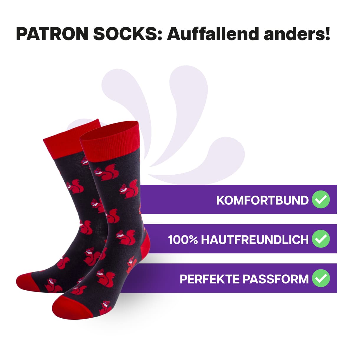 Hautfreundliche, schwarze Eichhörnchen Socken von PATRON SOCKS mit Komfortbund. Sehr gute Passform!
