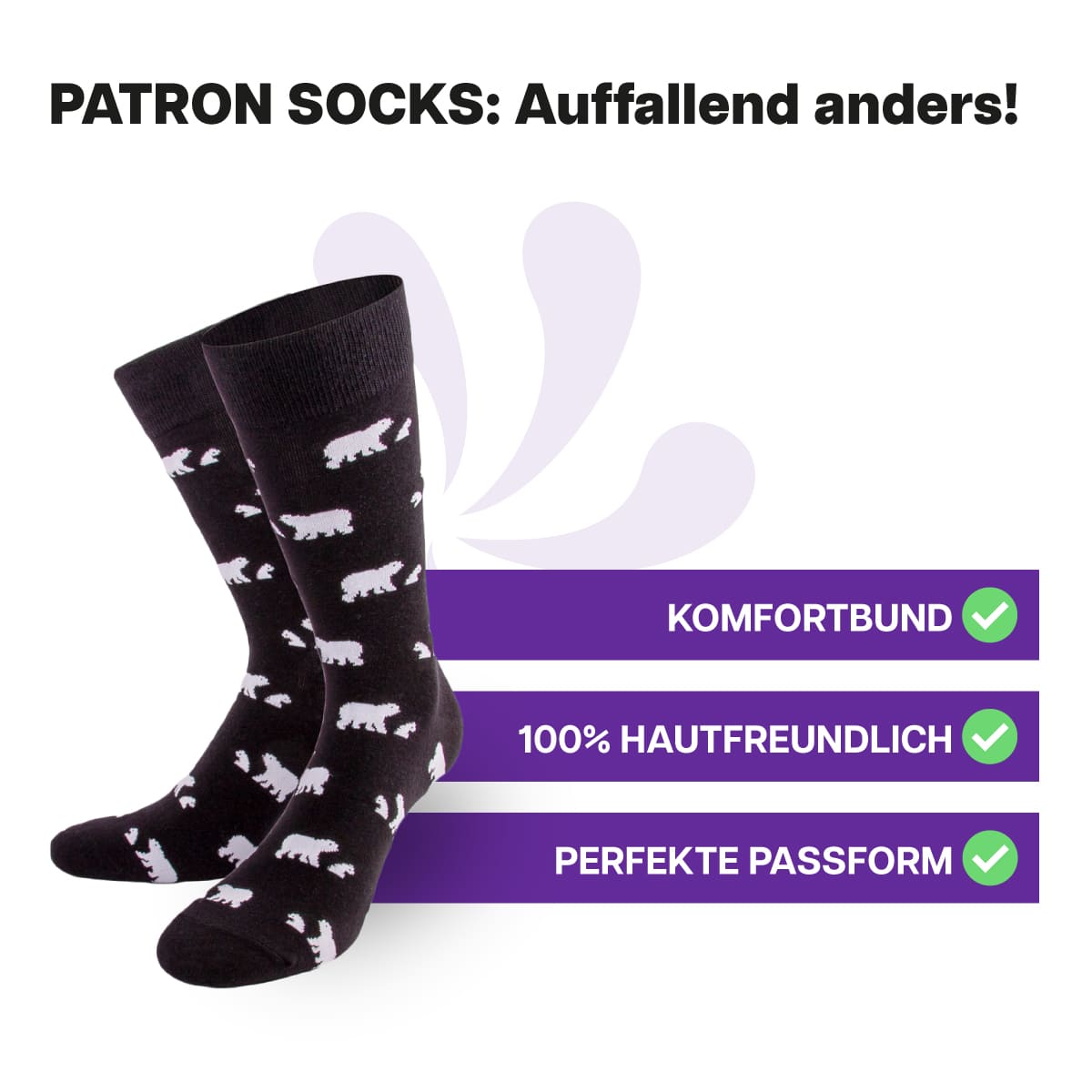 Hautfreundliche, schwarze Eisbär Socken von PATRON SOCKS mit Komfortbund. Sehr gute Passform!
