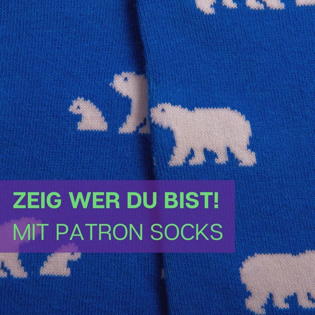 Nahaufnahme des stylischen Designs der blauen Eisbär Socken von PATRON SOCKS
