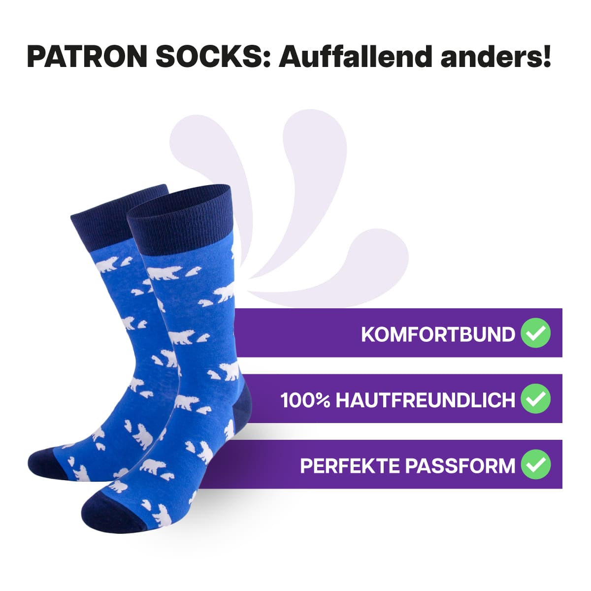 Hautfreundliche, blaue Eisbär Socken von PATRON SOCKS mit Komfortbund. Sehr gute Passform!
