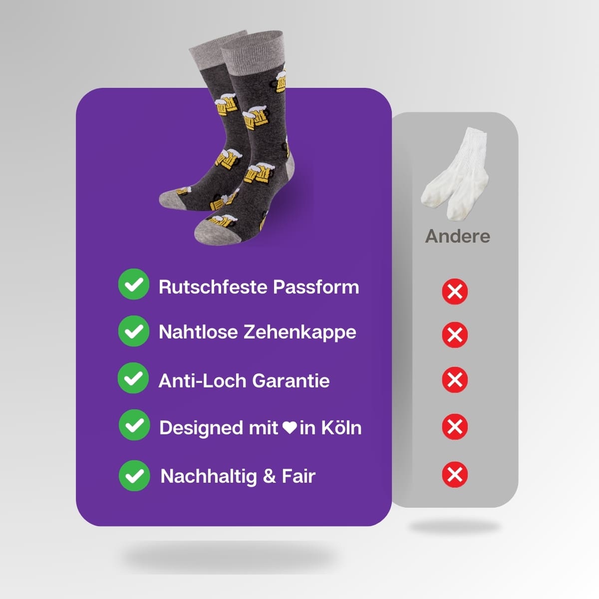 Vergleich der grauen Bier Socken von PATRON SOCKS mit Socken anderer Marken
