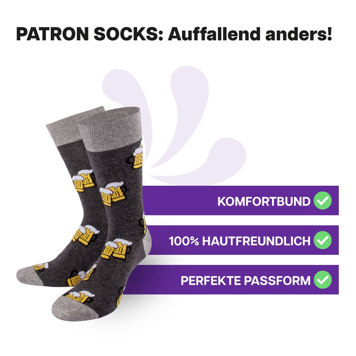 Hautfreundliche, graue Bier Socken von PATRON SOCKS mit Komfortbund. Sehr gute Passform!
