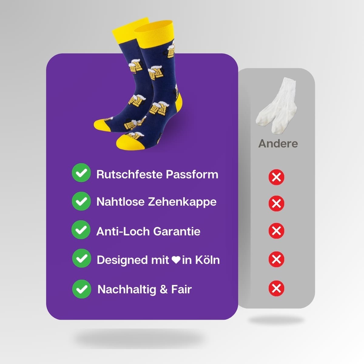 Vergleich der blau gelben Bier Socken von PATRON SOCKS mit Socken anderer Marken
