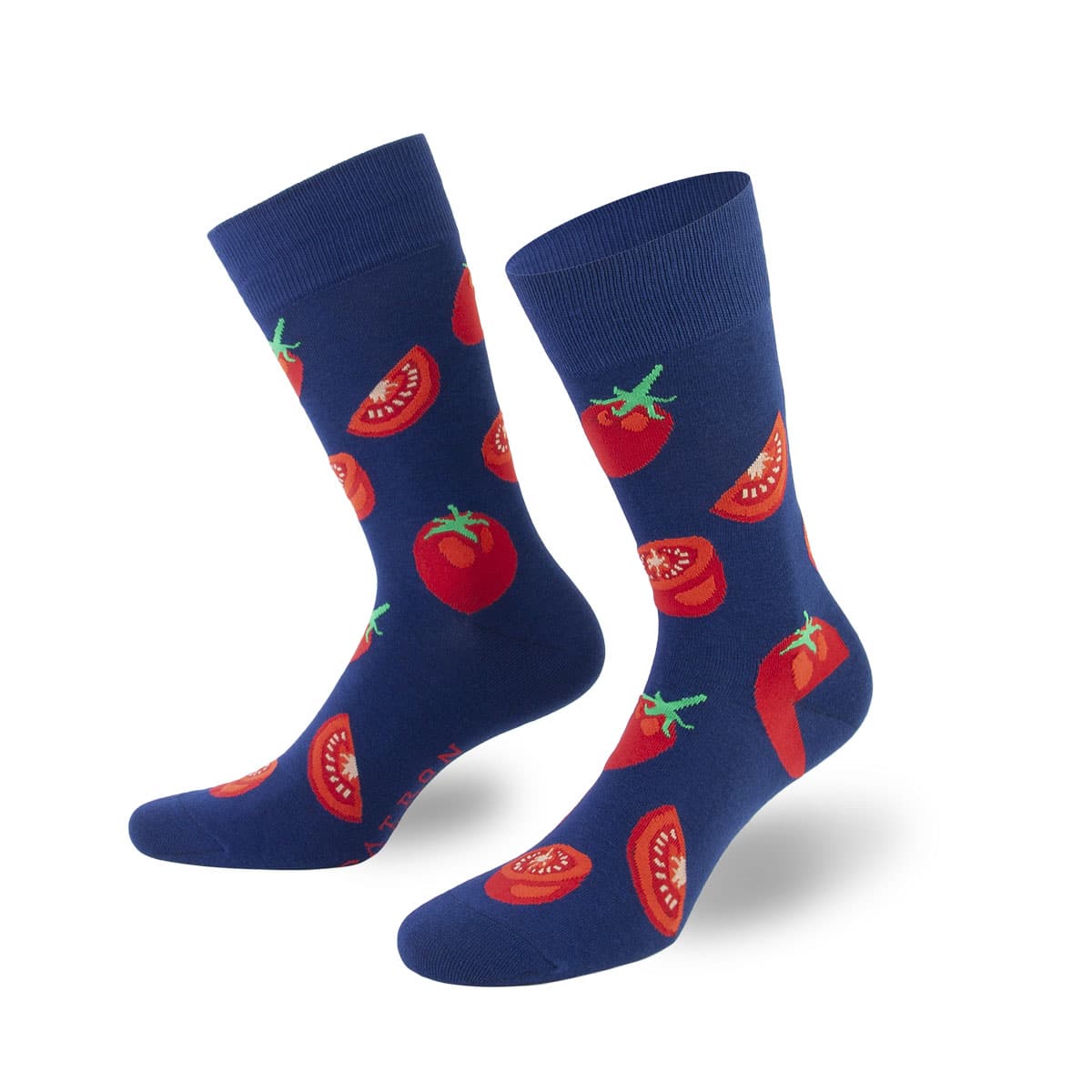 Ausdrucksstarke blaue Socken mit roten Tomaten Motiven von PATRON SOCKS