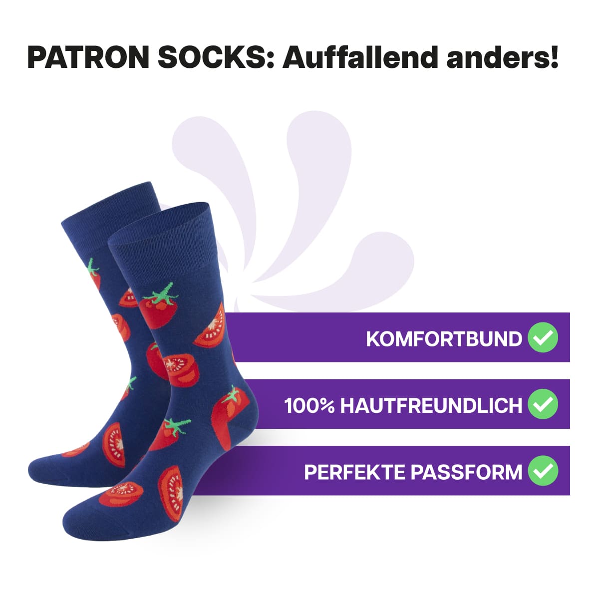 Hautfreundliche, blaue Tomaten Socken von PATRON SOCKS mit Komfortbund. Sehr gute Passform!
