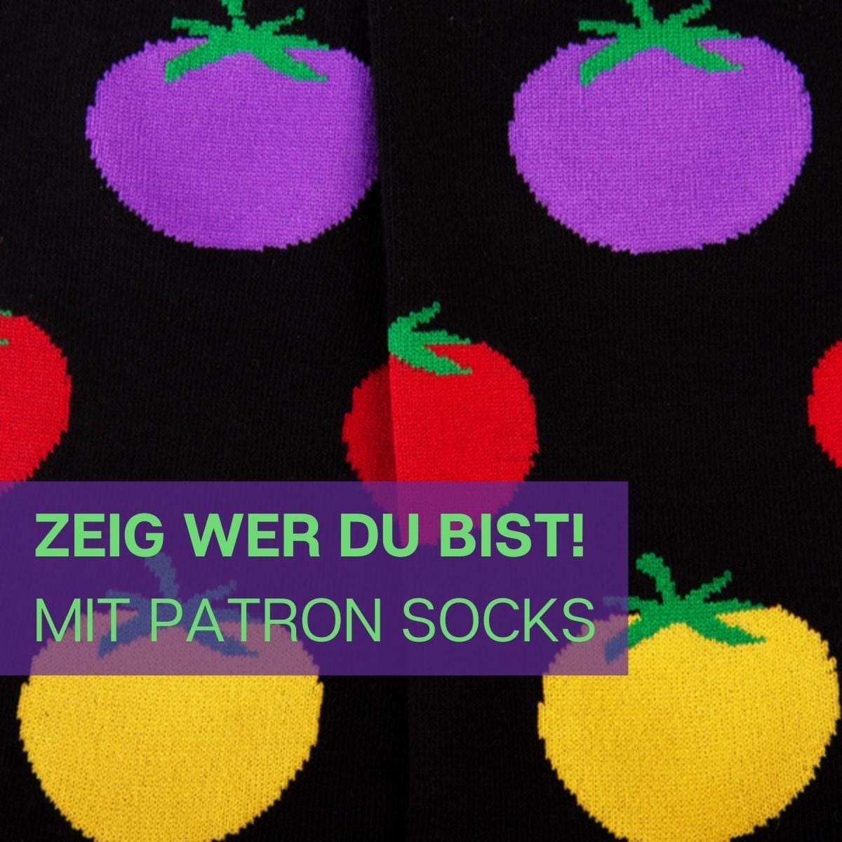 Nahaufnahme des aussergewöhnlichen Designs der schwarzen Tomaten Socken von PATRON SOCKS
