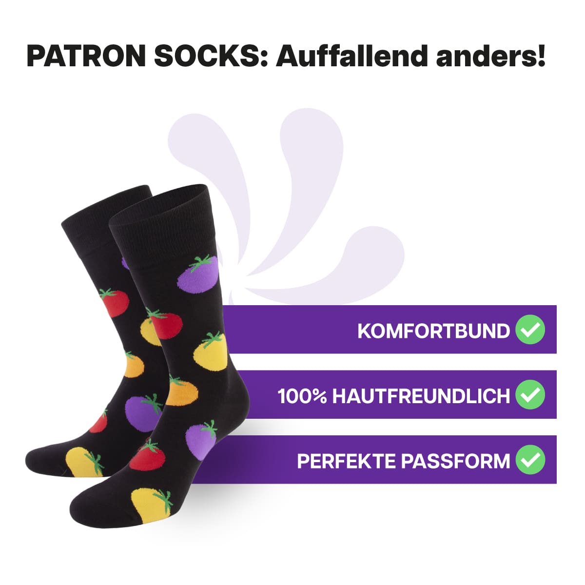Hautfreundliche, schwarze Tomaten Socken von PATRON SOCKS mit Komfortbund. Sehr gute Passform!
