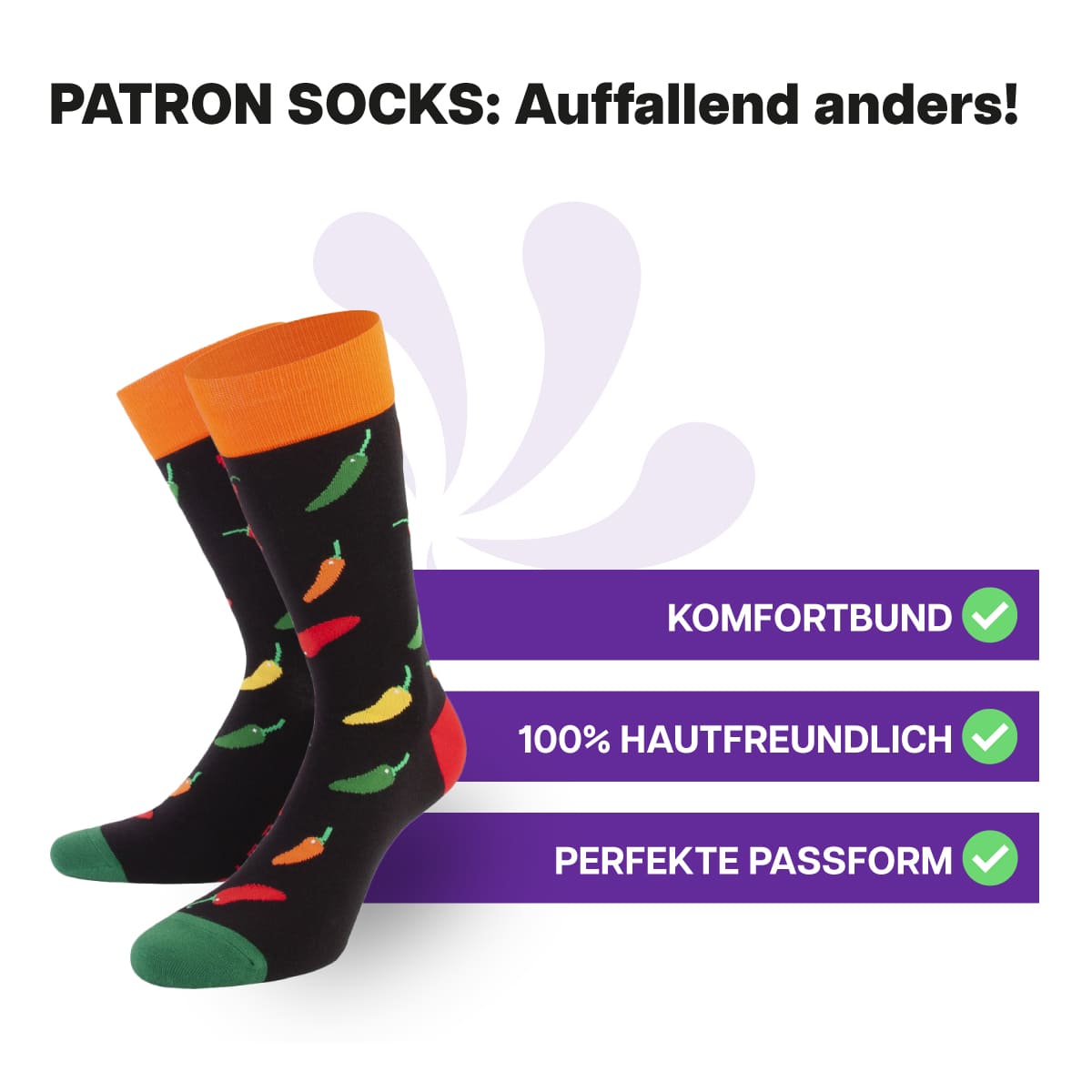 Hautfreundliche, schwarze Chili Socken von PATRON SOCKS mit Komfortbund. Sehr gute Passform!