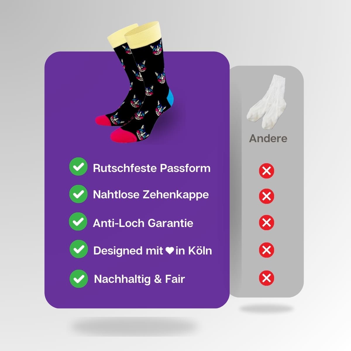 Vergleich der bunten Katzen Socken von PATRON SOCKS mit Socken anderer Marken
