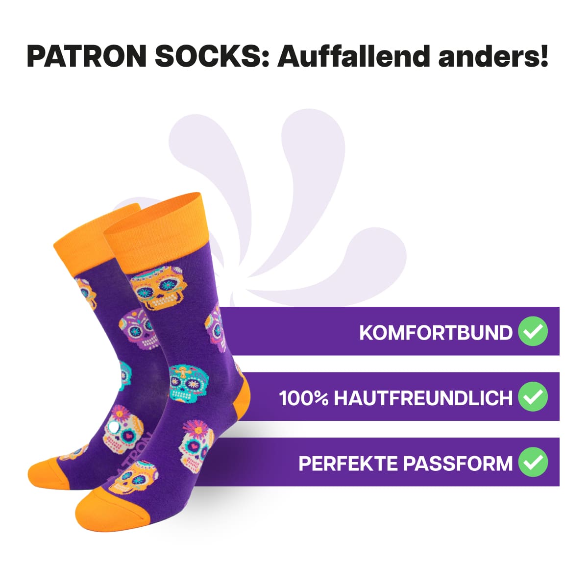 Hautfreundliche Totenkopf Socken von PATRON SOCKS mit Komfortbund. Sehr gute Passform!