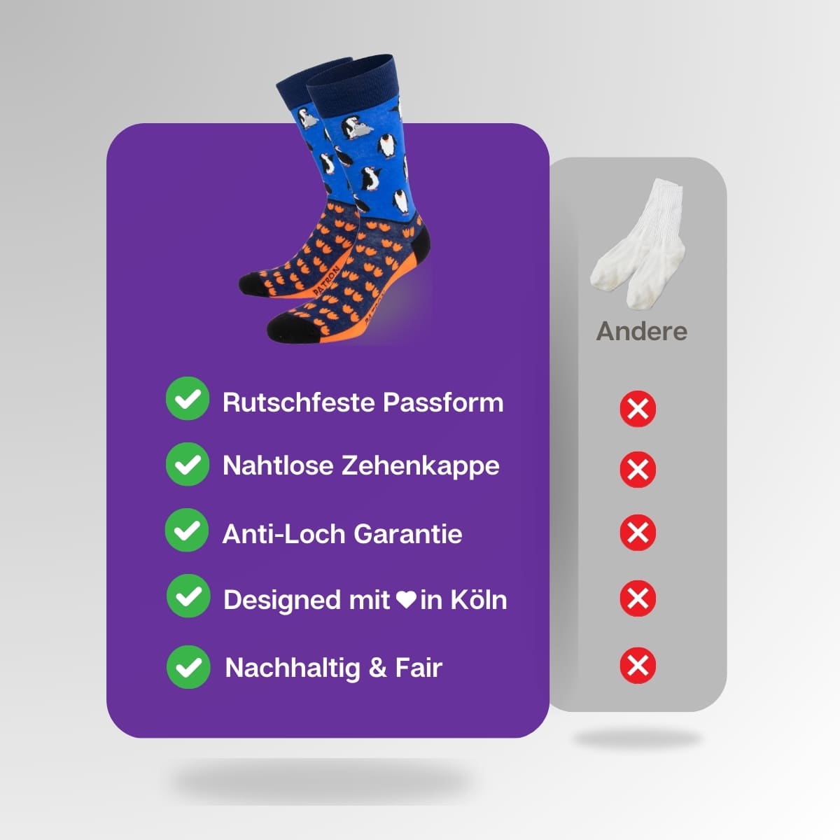 Vergleich der blauen Pinguin Socken von PATRON SOCKS mit Socken anderer Marken
