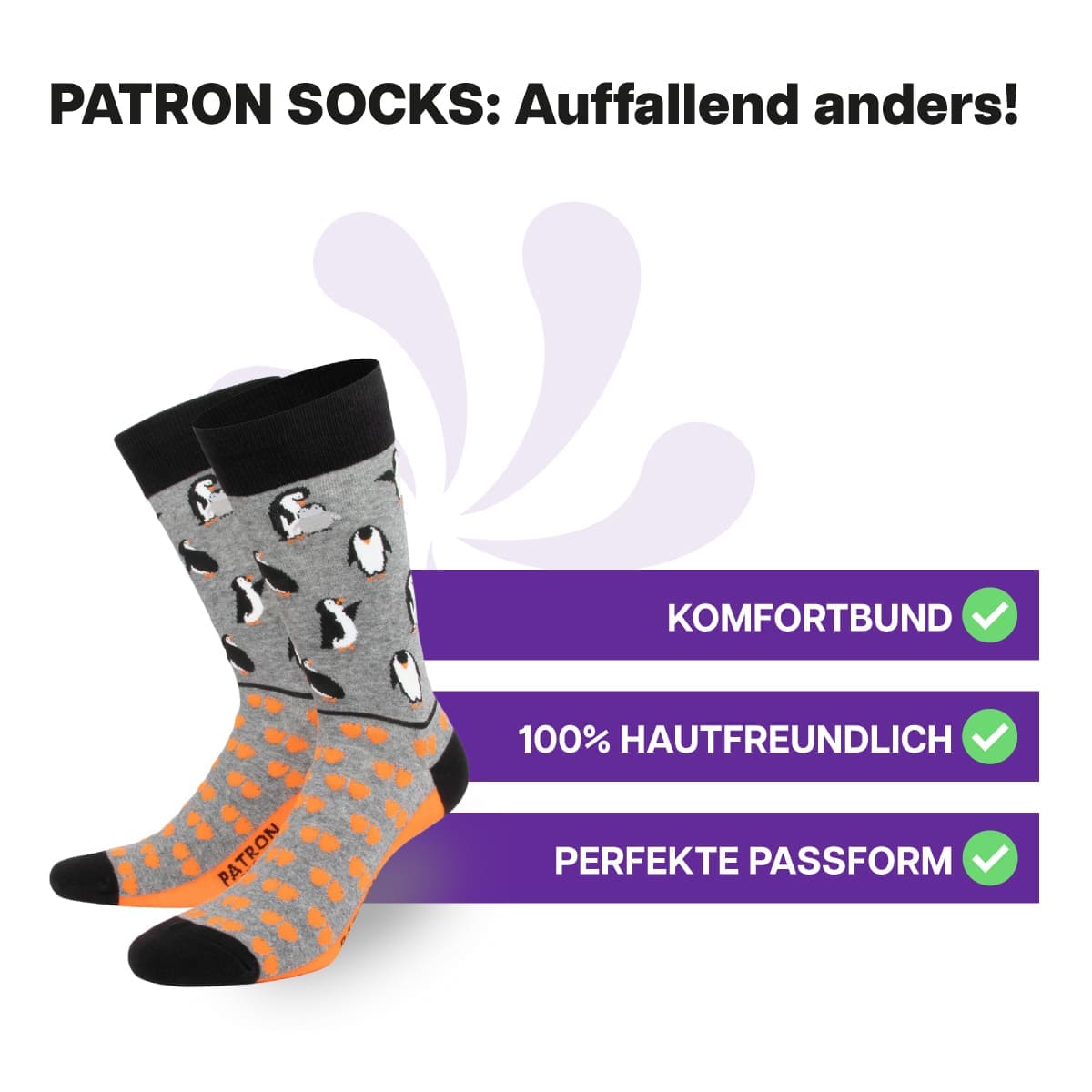 Hautfreundliche graue Pinguin Socken von PATRON SOCKS mit Komfortbund. Sehr gute Passform!
